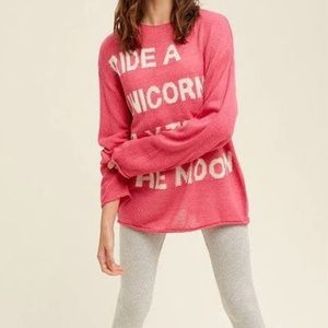 Listicle Ride a Unicorn & Fly to the Moon Hot Pink Lightweight Sweater